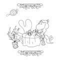 Find Letter Y. Funny cartoon unicorn. Animals alphabet a Coloring page. Printable worksheet. Unicorns at home at the table drinks